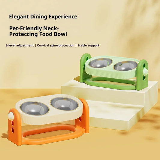 Adjustable Height Pet Bowl with Neck Support - Stainless Steel Dual Dish Anti-Slip Easy Clean Large Capacity Cat Dog Bowl