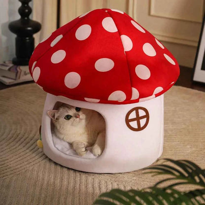 Soft Mushroom Cat Bed House with Cow Print, Semi-Enclosed Plush Cave Nest with Washable Cushion for Cats and Small Dogs