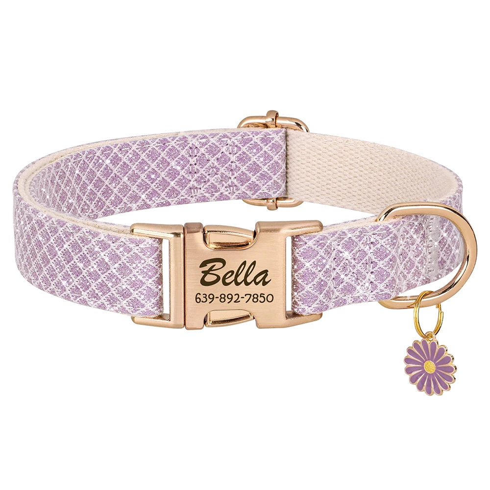 Bling Nylon Custom Dog Collar Cute Flower Tag Dog Collars Engraving Pet Name ID Buckle Necklace For Small Large Dogs Chihuahua