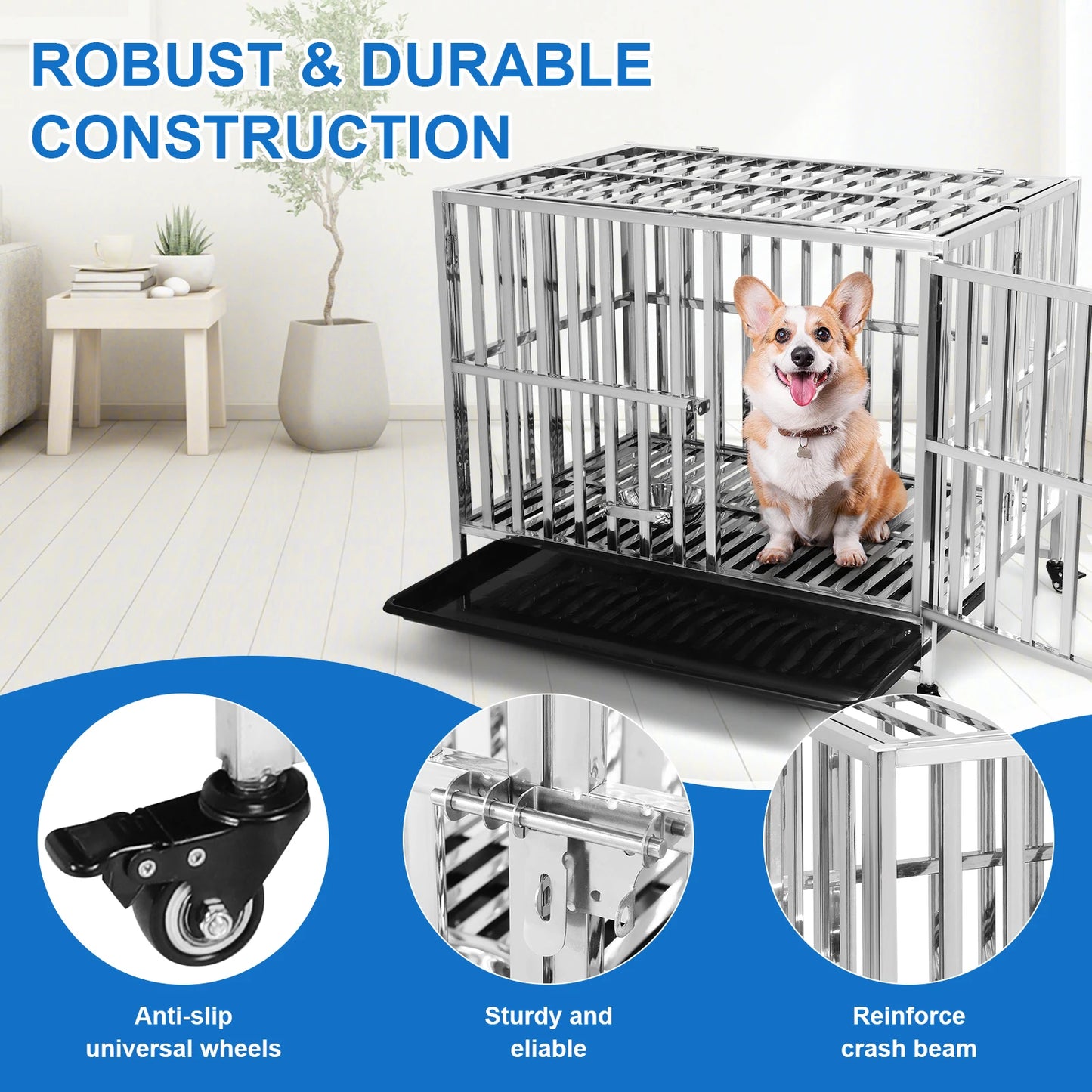 Metal Dog Cage Easy To Install Dog Crate with Four Wheels Dog Kennel Folding for High Anxiety Medium/Small Dogs