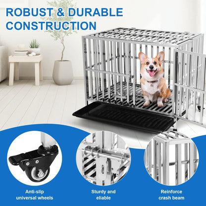 Metal Dog Cage Easy To Install Dog Crate with Four Wheels Dog Kennel Folding for High Anxiety Medium/Small Dogs