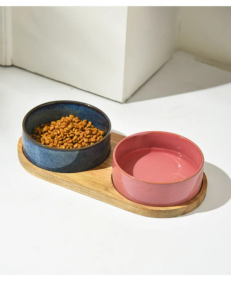 Dog Bowl Ceramic Matte Pet Bowl Cervical Spine Protector Anti Knock Over Wooden Tray Pet Feeding Supplies Cat Accessories