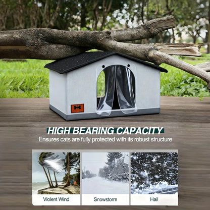 A insulated outdoor cat house with eaves and escape doors, designed for insulation and providing winter shelter for stray cats