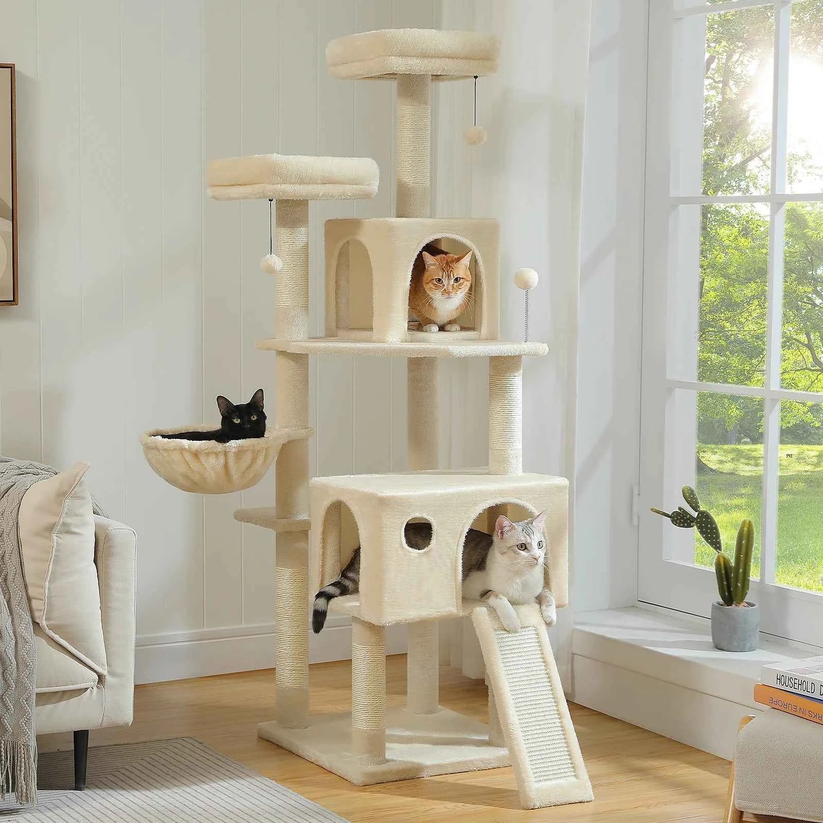 Large Cat Tree for Indoor Cats, Multi-Level Cat Tower with Scratching Posts, Padded Perches, Plush Cat Condo, Cat Accessories