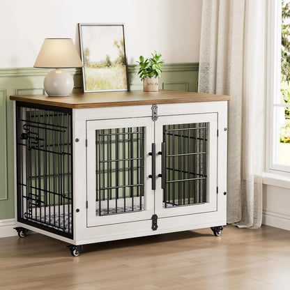 Lulive Dogs Crate Furniture for Medium Dogs, 32'' Dogs Kennel Indoor with Cushion & Wheels Wooden Doges Cage Double Doors Dog,Cu