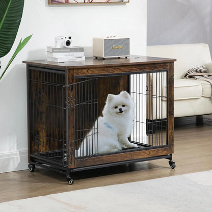 Rustic Dog Crate Furniture with Wheels 26in Small Heavy Duty Metal and Wood Dog Kennel Indoor Anti-Chew Pet Cage End Side Table