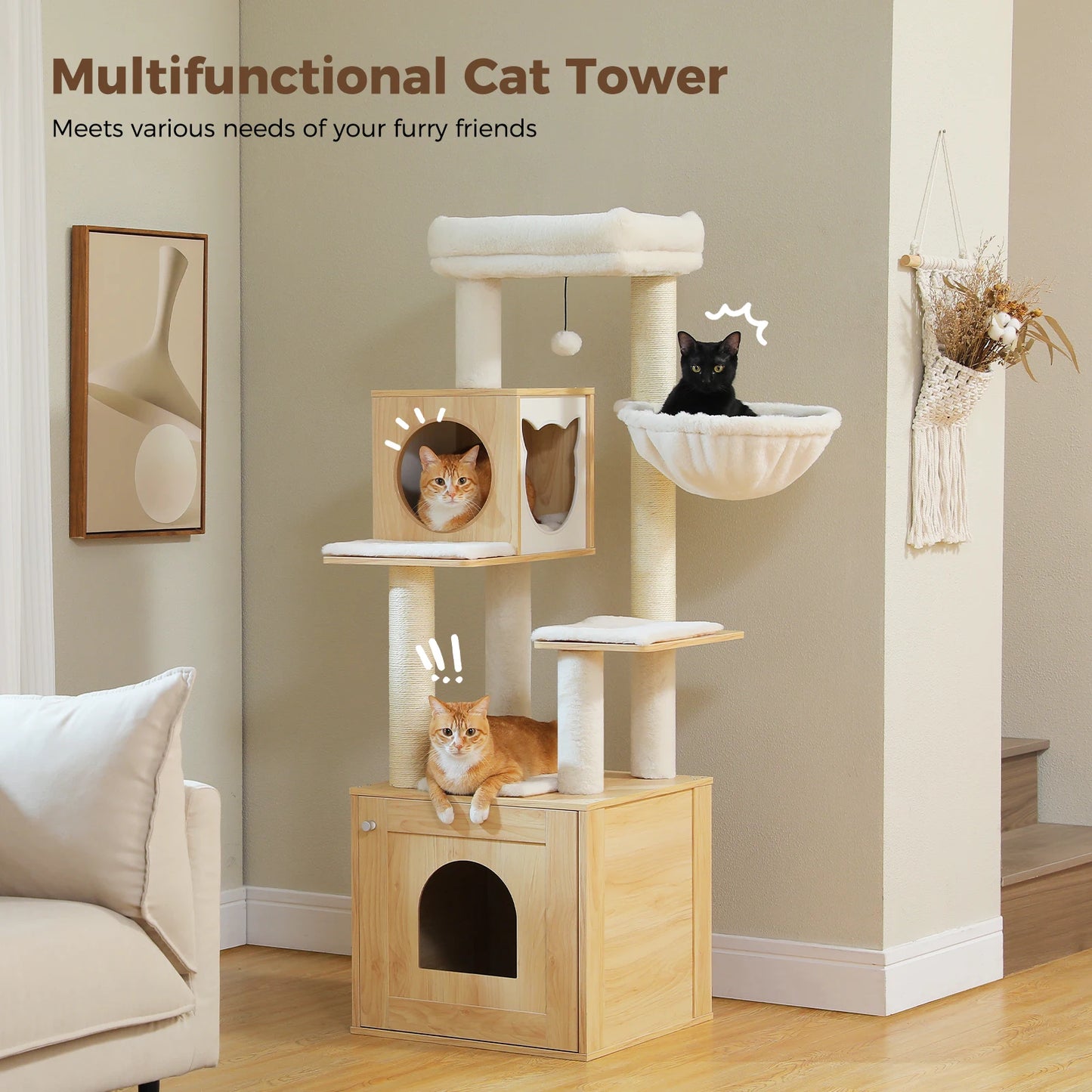 Wood Cat Tree with Storage Cabinet Sisal Scratching Posts Cozy Condo Hammock Dangling Balls Large Cat Tower for Indoor Pet Furniture Cat Toys