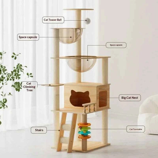 Multi-Level Cat Tree Condo – Modern Indoor Cat Furniture with Plush Bed Double Space Capsule Scratch Posts & Cozy Hideouts