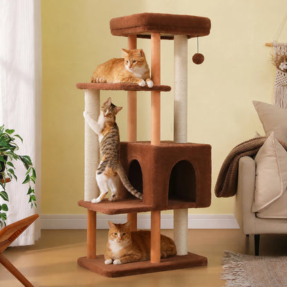 Modern Cat Tree for Indoor Cats, Multi-Level Cat Tree with Lage Cat Condo, Sisal Scratching Posts, Natural Wood Posts, Soft Bed