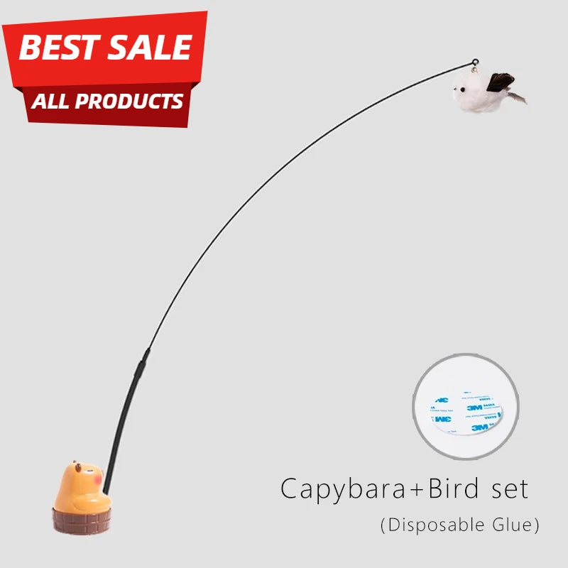 Simulation Capybara Cat Toys Interactive Bird with Bell Cat Stick Toy for Kitten Playing Teaser Wand Toy Pet Cats Supplies