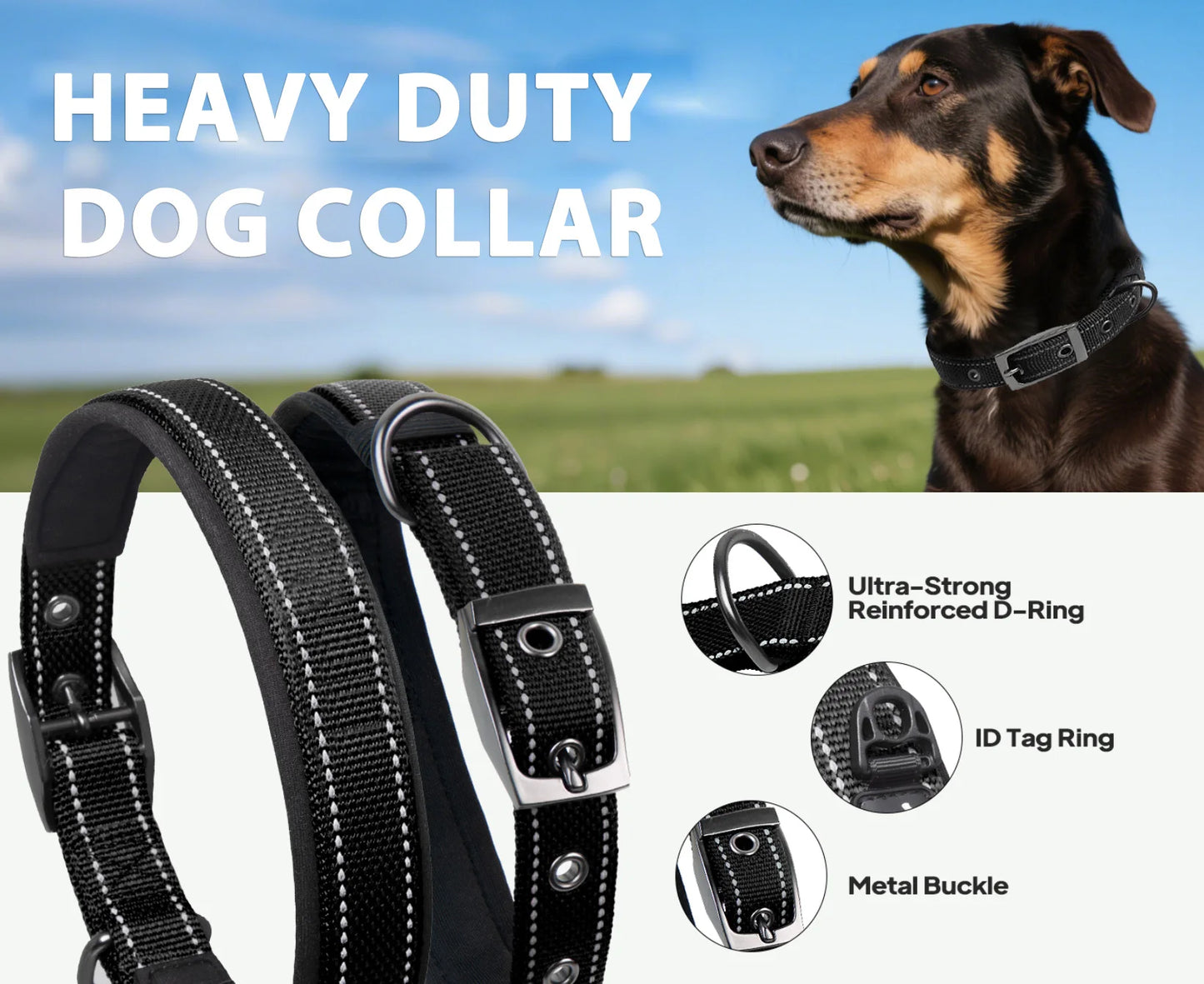 Reflective Striped Dog Collar, Escape-Proof Nylon, Quick-Release Buckle, Soft Padded, for Small Cat, Medium and Large Dogs