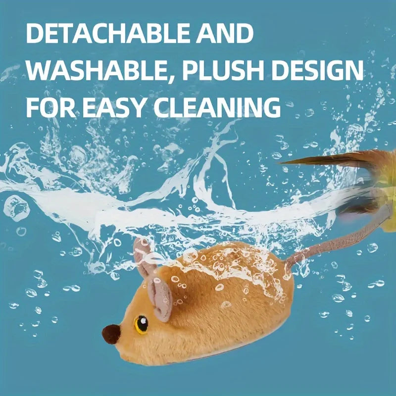 Interactive plush cat toy with sound and LED lighting, USB rechargeable, automatic mouse movement