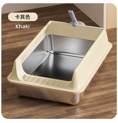 Premium Stainless Steel Cat Litter Box Semi-Enclosed Anti-Splash Cat High Rim Paw Clean Grid Multi Size Kitten Large Cat Toilet