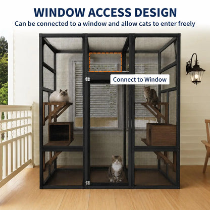 70in Outdoor Catio Cat Enclosure, Large Wooden Cat House With Waterproof UV Roof, 5 Platforms 2 Rest Boxes For Patio Backyard Cats