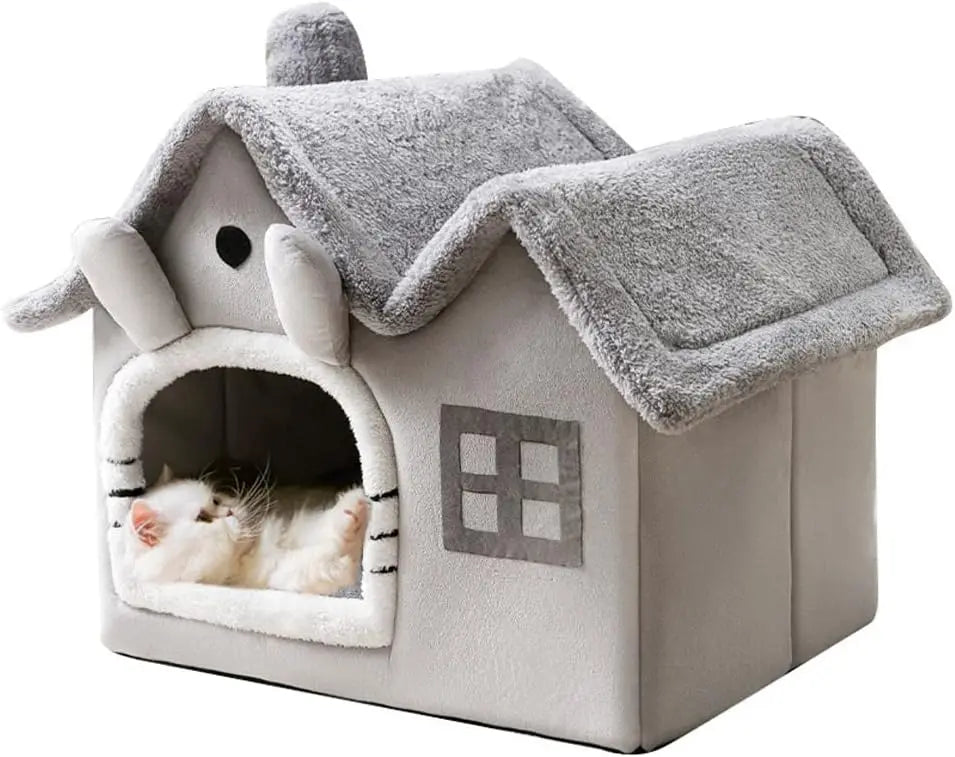 Double Roof Indoor Dog House Cat Nest,Foldable Warm Soft Kennel,30D High Elastic Memory Sponge,Removable Cushion Non-Slip Bottom