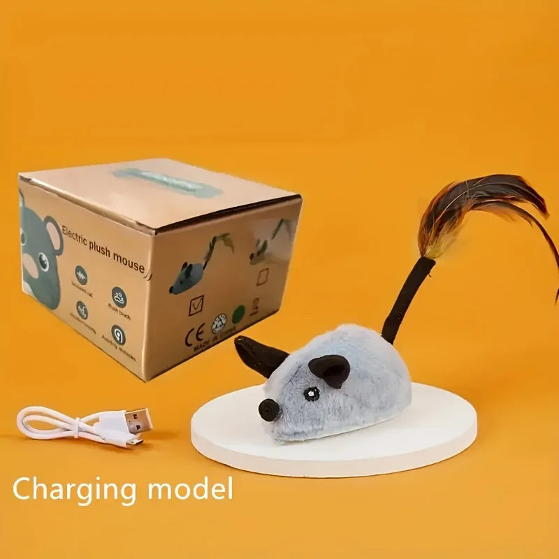 Interactive plush cat toy with sound and LED lighting, USB rechargeable, automatic mouse movement
