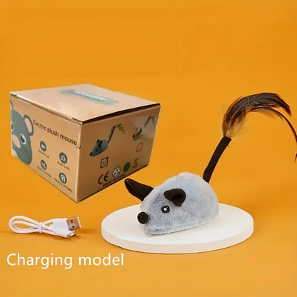Interactive plush cat toy with sound and LED lighting, USB rechargeable, automatic mouse movement