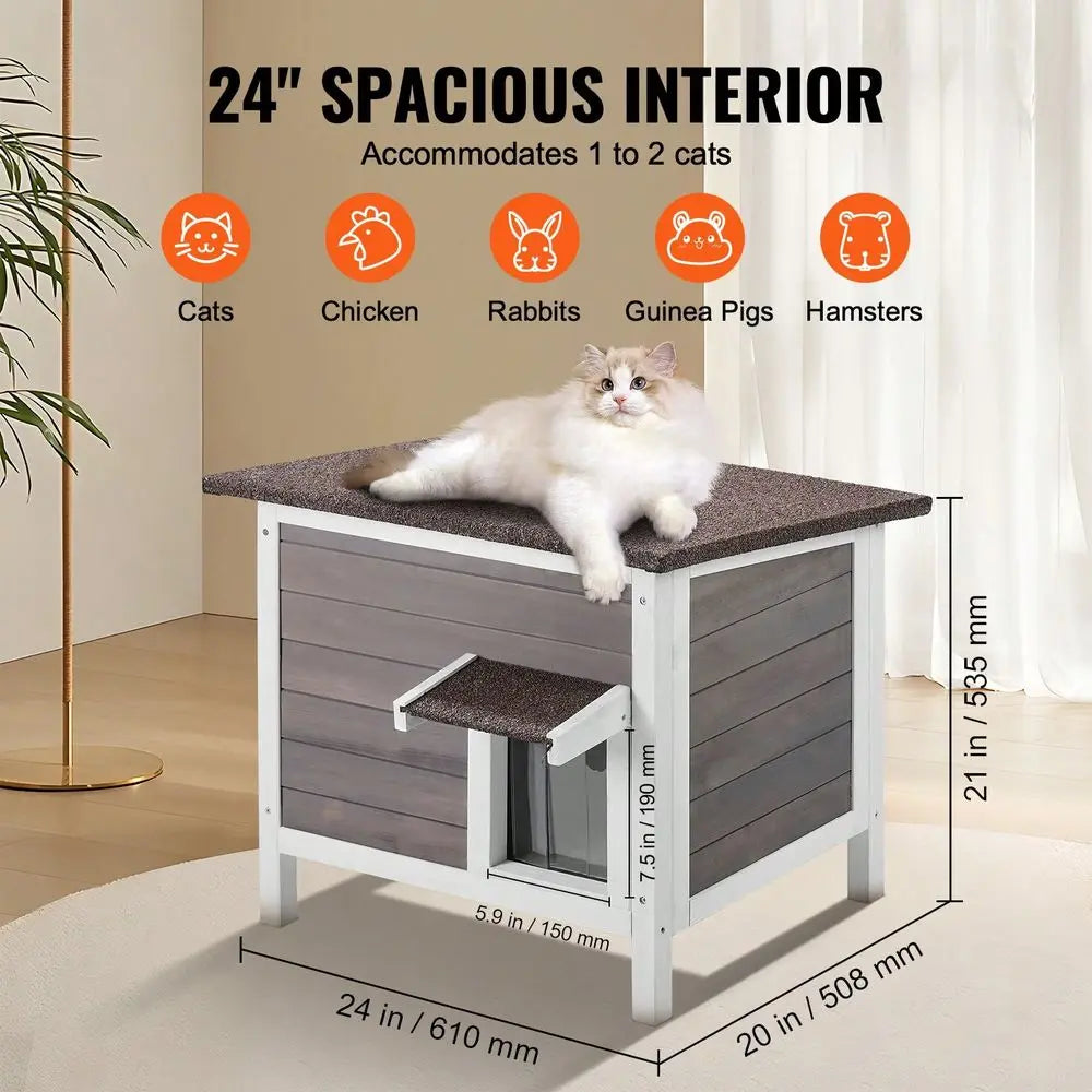 Cat House Weatherproof, Cat Shelter For Multiple Cats, Outdoor Wooden Cat Rabbit House With AllRound Foam Insulated, PVC Door F