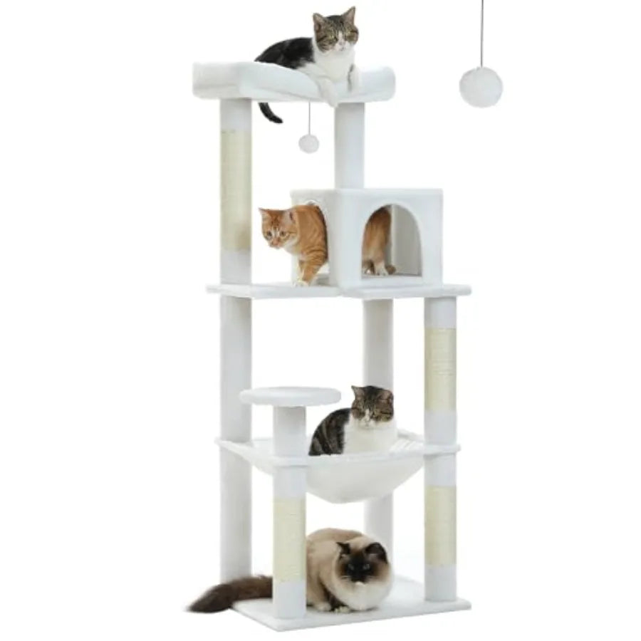 56.3" Cactus Cat Tree with Metal Hammock, 6 Tiers, 6-tier shelves, Metal plush hammock, 2-door condo house, Sisal posts, Large