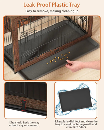 Wooden Dog Crate Furniture with Cushion, Medium Kennel End Table with Tray, Double Doors Indoor Pet House (32" L*22" W*26" H)