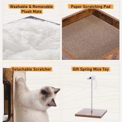 Wood Cat Condo House Bed with Removable Soft Mats Modern Cat Tree Tower with Scratching Pad Cat Scratcher Furniture Kitten Toys