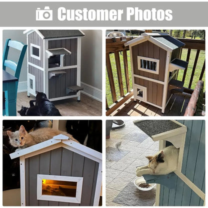 Weatherproof Two-Story Wooden Outdoor Feral Cat House with Openable Roof and Escape Door