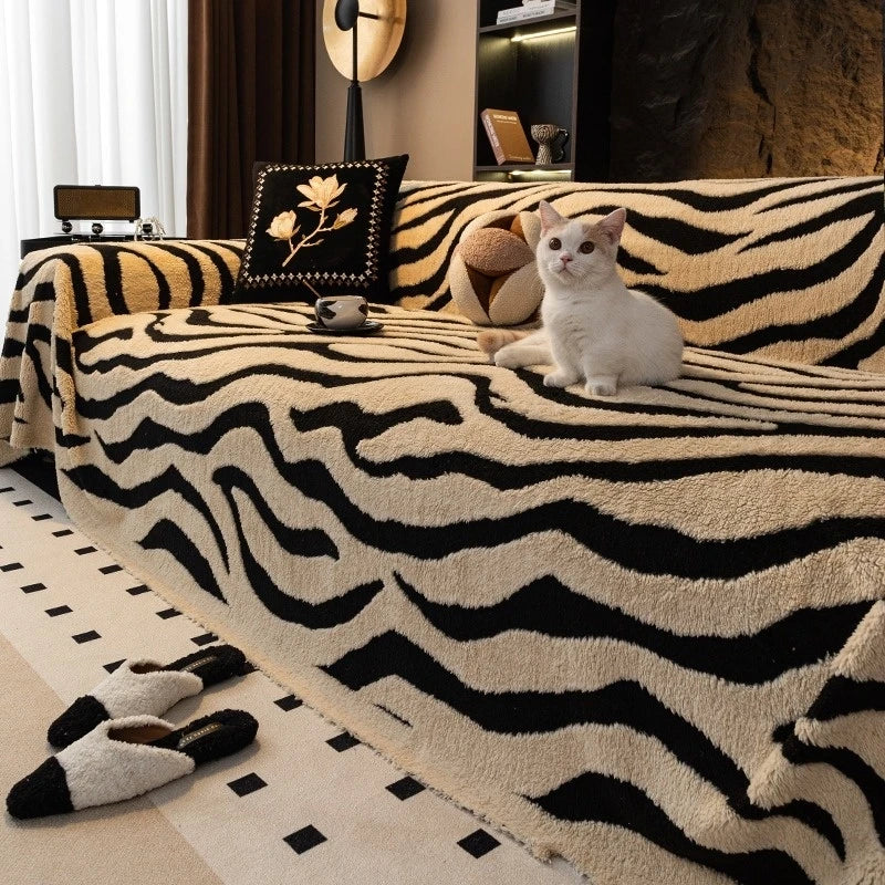 1PC Zebra Stripes Jacquard Fleece Warm Sofa Towel Thicken Blanket for Living Room Couch Decor