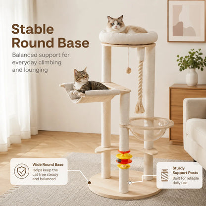 Multi-Functional Cat Tree Tower with Space Capsule, Hanging Ball, Scratching Posts, and Soft Condo - Sturdy Wooden Design for Kittens and Adult Cats, Cat Tree Tower
