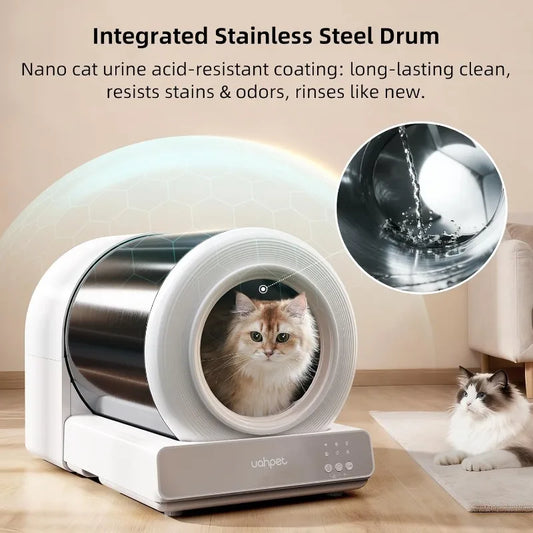 Uahpet Stainless Steel Self Cleaning Cat Litter Box, Automatic Cat Litter Box with APP Control, Lower Entry, Safety Sensors