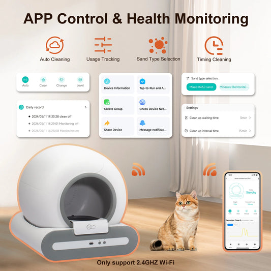DOEL 65L Self-Cleaning Cat Litter Box App Control, ONLY Supports 2.4G WiFi w/Litter Mat&Trash Bags, Fit for Tofu & Mixed Litter