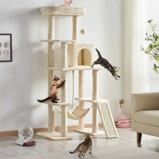 Cat Tree, 63 Inches MultiLevel Indoor Cat Play Structure with Scratching Posts, Hammock, and Dangling Ball