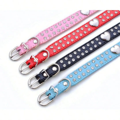 Cute Two Rows Rhinestone Dog Collar Heart Bling Puppy Collar Fancy Crystal Glitter Pretty Jewel Diamond Girl Dog Collars For Small Medium Pet Female Dogs Cats