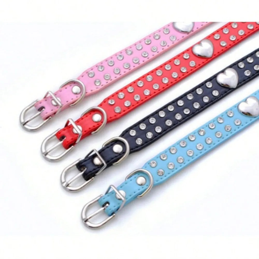 Cute Two Rows Rhinestone Dog Collar Heart Bling Puppy Collar Fancy Crystal Glitter Pretty Jewel Diamond Girl Dog Collars For Small Medium Pet Female Dogs Cats