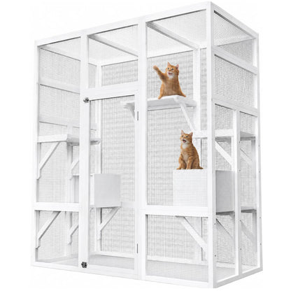 70in Outdoor Catio Cat Enclosure, Large Wooden Cat House With Waterproof UV Roof, 5 Platforms 2 Rest Boxes For Patio Backyard Cats