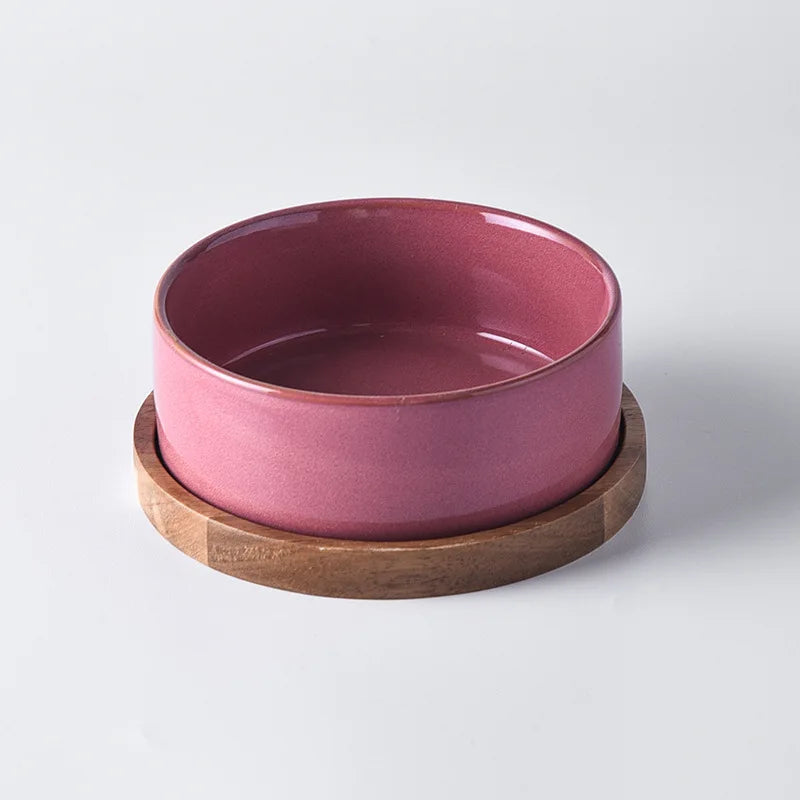 Dog Bowl Ceramic Matte Pet Bowl Cervical Spine Protector Anti Knock Over Wooden Tray Pet Feeding Supplies Cat Accessories