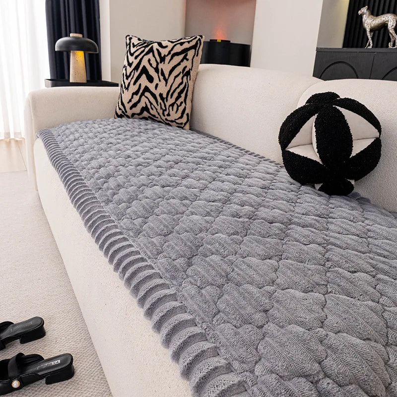 Winter Thick Flannel Sofa Cushion Grid Plush Seat Cover Warm Soft Fluffy Chaise Lounge Mat Couch Protector Living Room