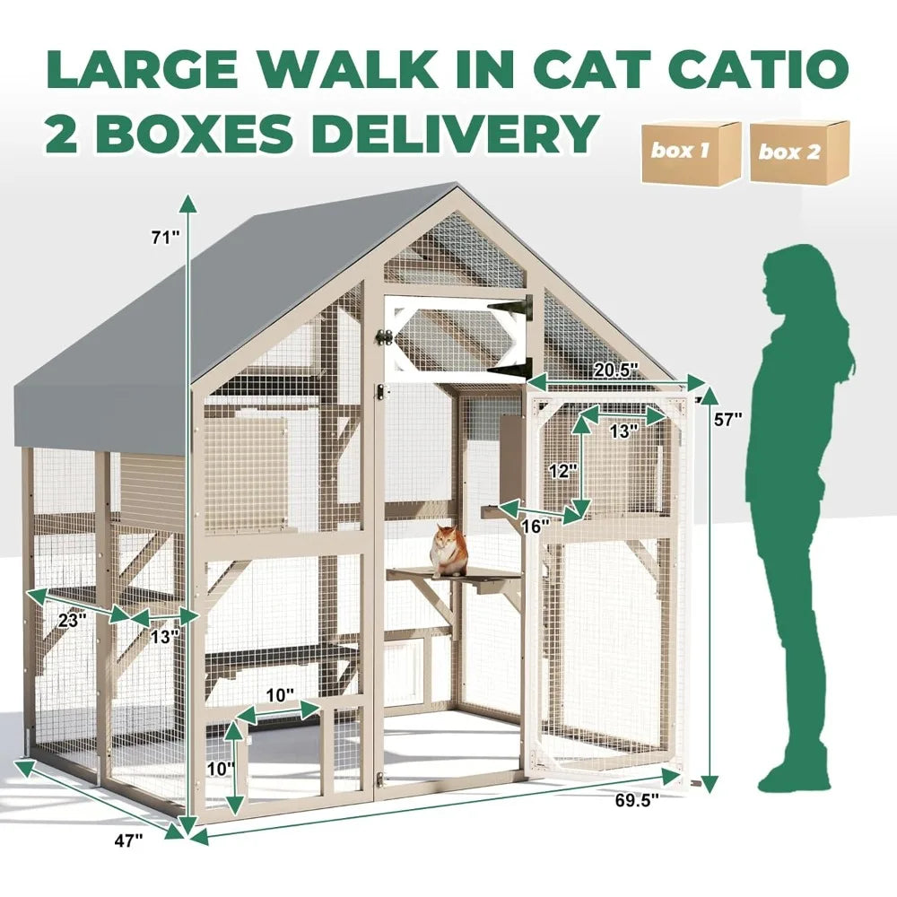 71" H Catio Outdoor Cat Enclosure Weatherproof, Large Walk-in Cat House Attached Window for Multiple Cats, Waterproof Cat Cage