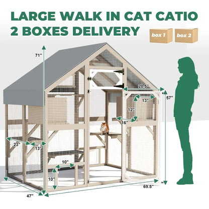 71" H Catio Outdoor Cat Enclosure Weatherproof, Large Walk-in Cat House Attached Window for Multiple Cats, Waterproof Cat Cage