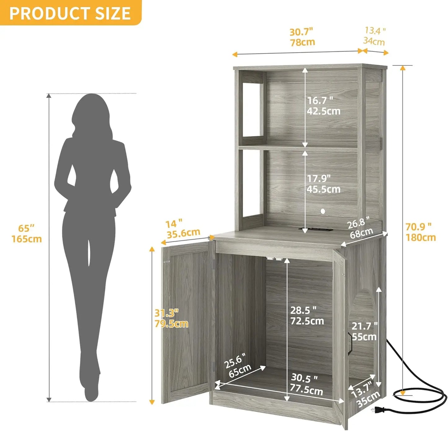 Large Hidden Litter Box Furniture with Shelves and Charging Station, Wooden Enclosure for Self-Cleaning Litter Boxes, Grey