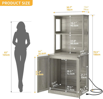 Large Hidden Litter Box Furniture with Shelves and Charging Station, Wooden Enclosure for Self-Cleaning Litter Boxes, Grey