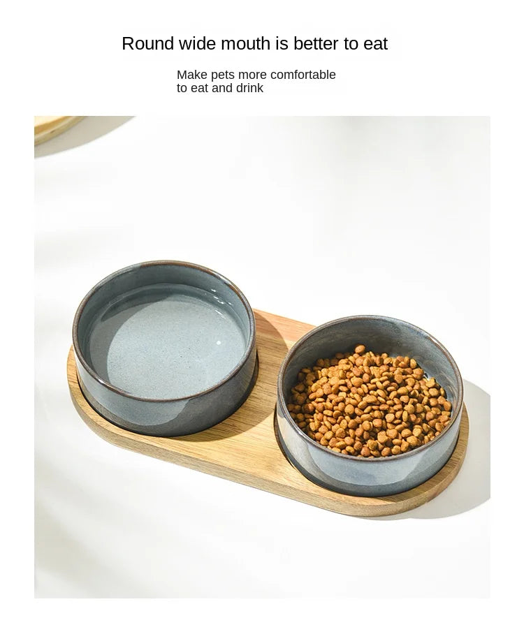 Dog Bowl Ceramic Matte Pet Bowl Cervical Spine Protector Anti Knock Over Wooden Tray Pet Feeding Supplies Cat Accessories