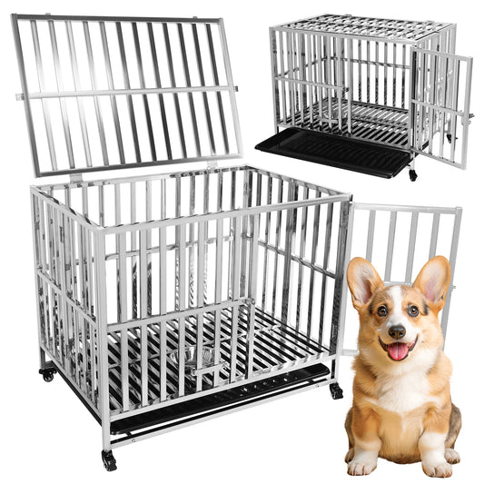 Metal Dog Cage Easy To Install Dog Crate with Four Wheels Dog Kennel Folding for High Anxiety Medium/Small Dogs