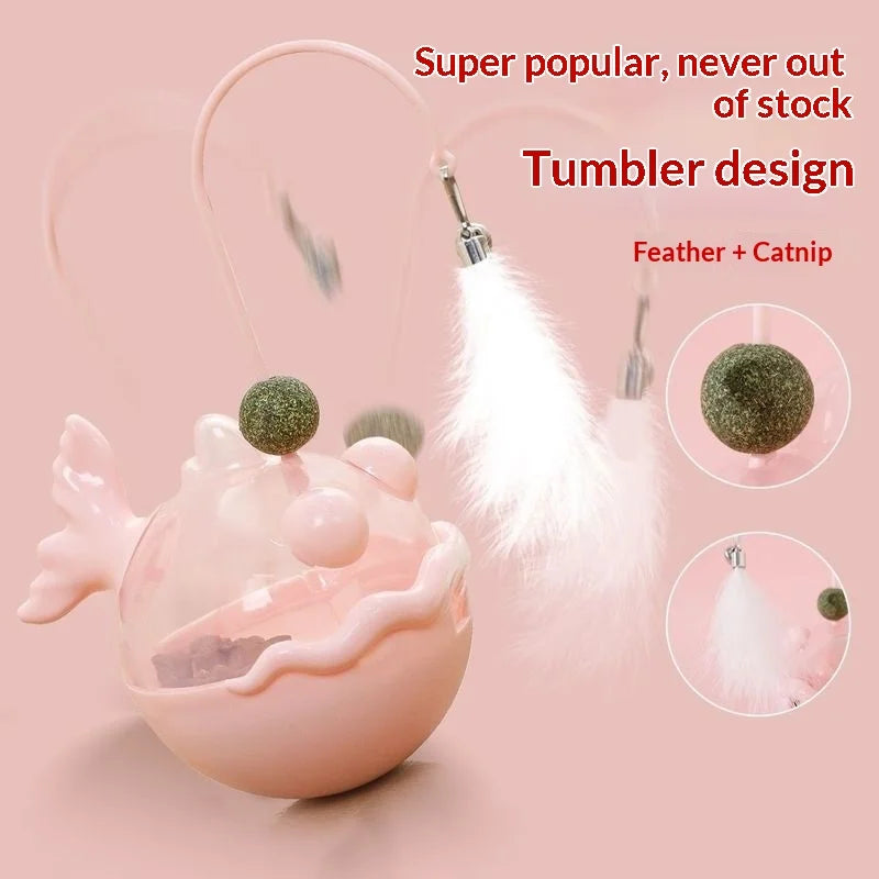Cat Toys Wobble Treat Dispenser Feather Teaser Wand Catnip Balls Self Play Boredom Buster for Cats Pet Safe