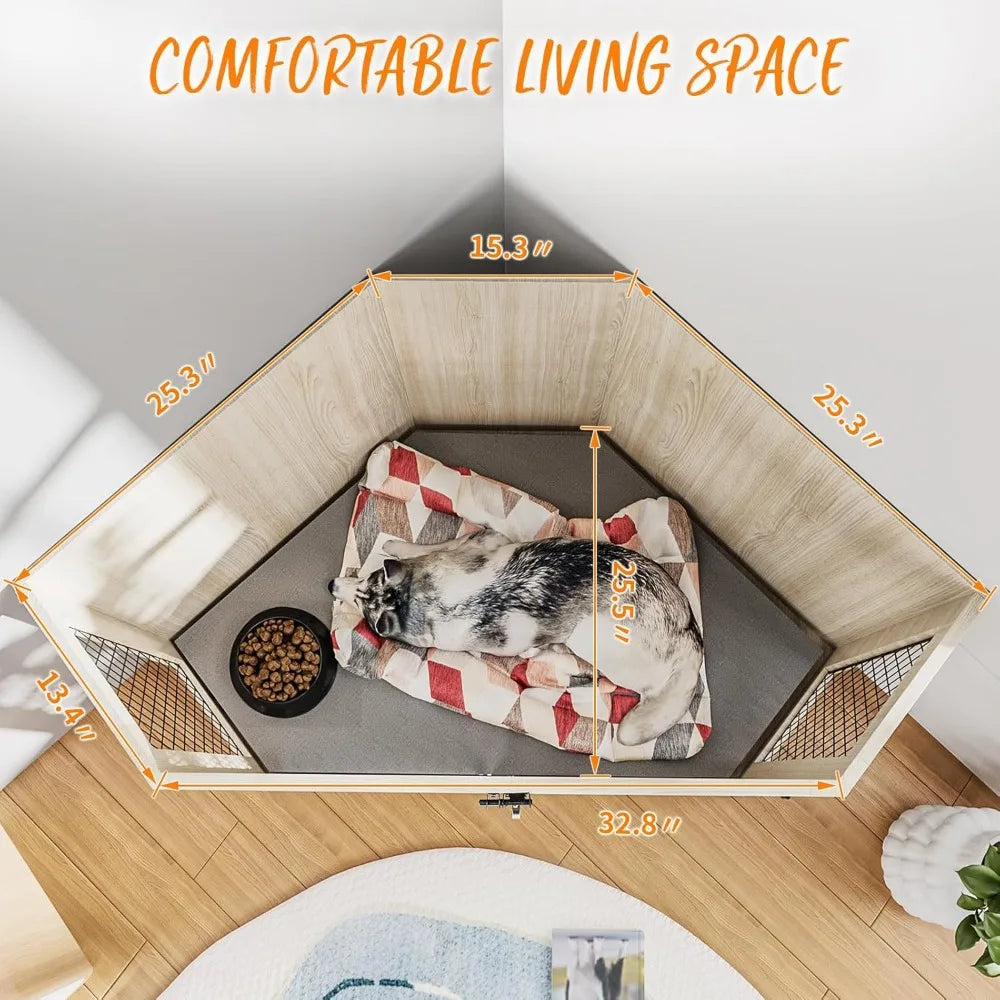 Masterpiece  52 Inch Corner Dog Crate Furniture,Wooden Dog Kennel Furniture With Mesh,Decorative Wood Dog House For Small