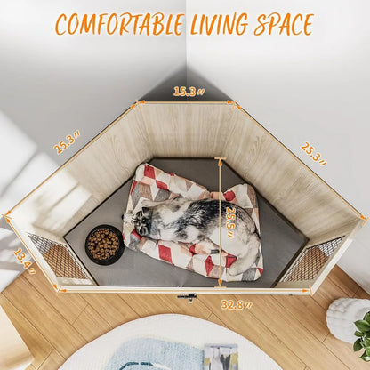 Masterpiece  52 Inch Corner Dog Crate Furniture,Wooden Dog Kennel Furniture With Mesh,Decorative Wood Dog House For Small