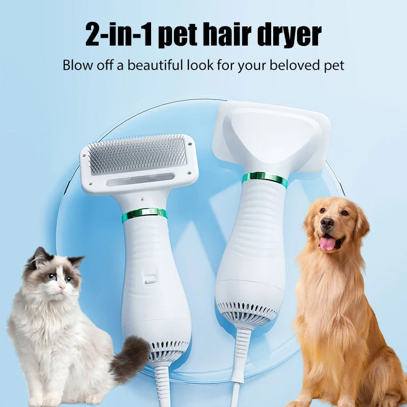 2-in-1 pet hair dryer with two nozzles, a cat, and a dog on a light blue background.