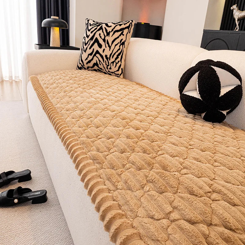 Winter Thick Flannel Sofa Cushion Grid Plush Seat Cover Warm Soft Fluffy Chaise Lounge Mat Couch Protector Living Room