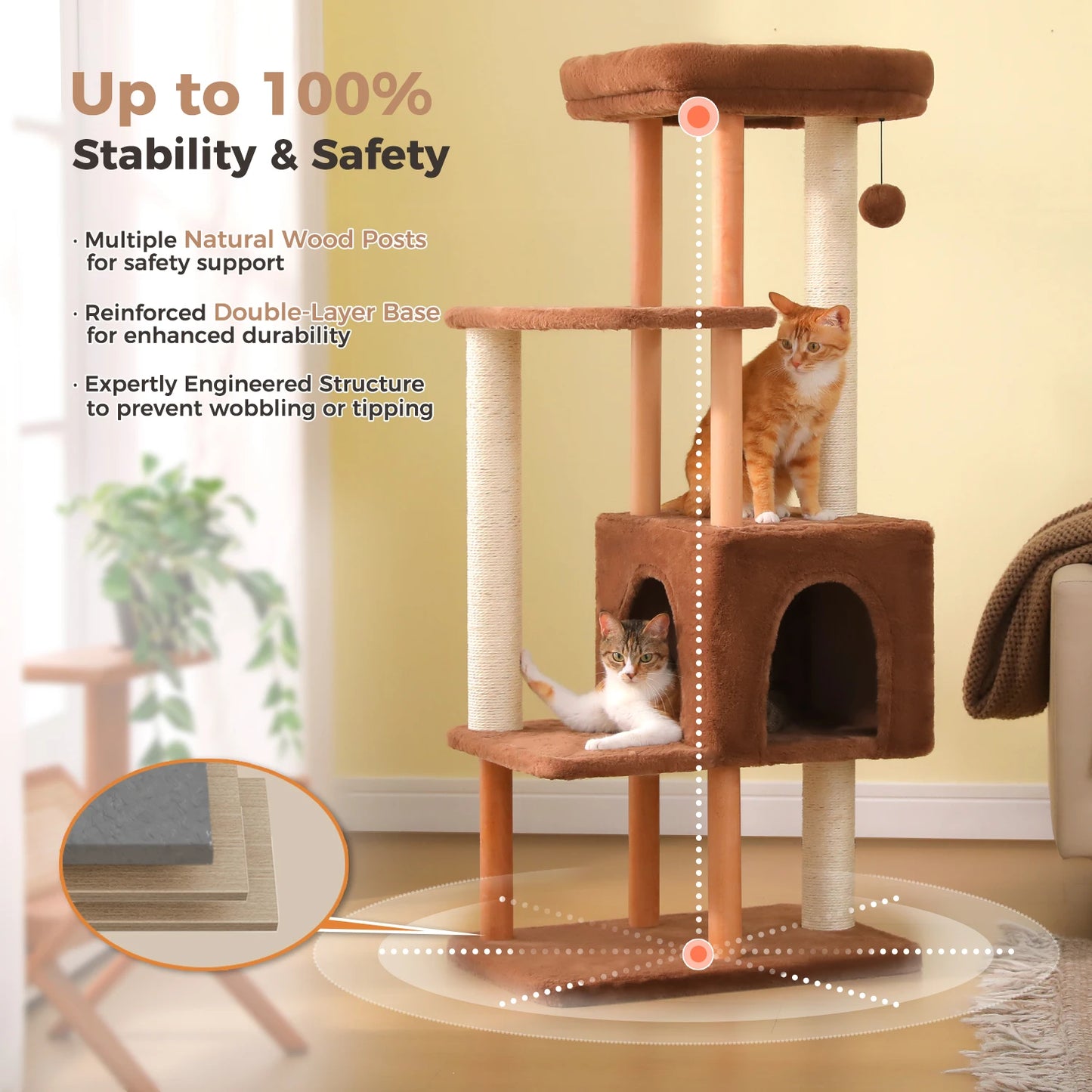 Modern Cat Tree for Indoor Cats, Multi-Level Cat Tree with Lage Cat Condo, Sisal Scratching Posts, Natural Wood Posts, Soft Bed