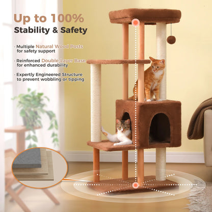 Modern Cat Tree for Indoor Cats, Multi-Level Cat Tree with Lage Cat Condo, Sisal Scratching Posts, Natural Wood Posts, Soft Bed