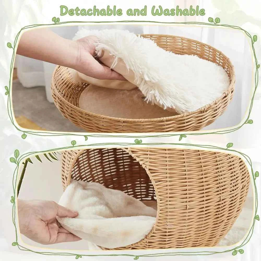 54in Rattan Cat Tree, Modern Tower with Breathable Woven Condo, Scratching Posts amp Washable Cushions, Naturally Cool in Summe